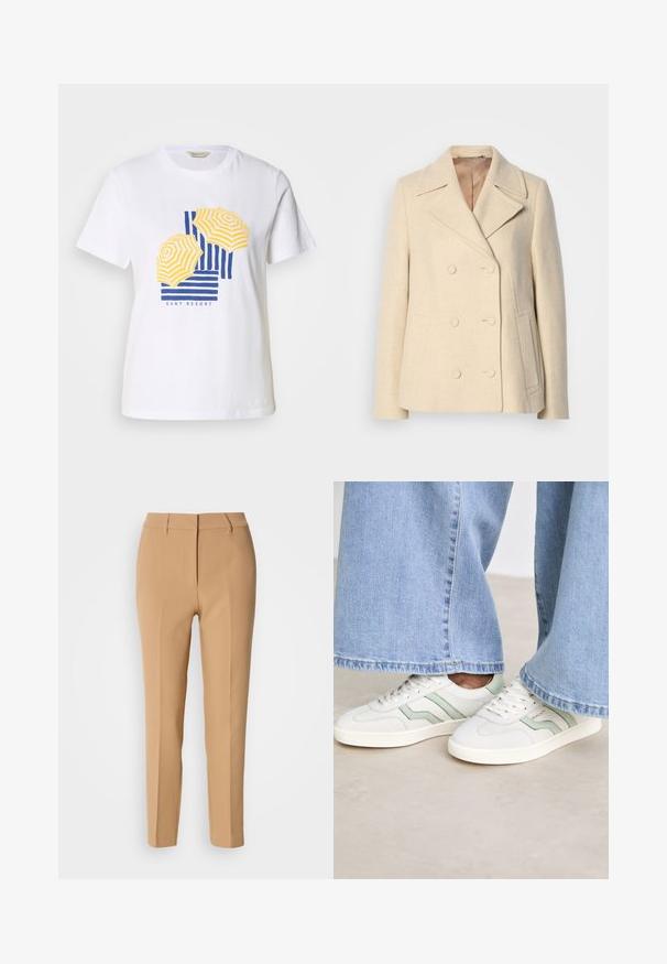 Double-breasted beige wool coat with peak lapels, prominent stitching, side pockets, and textured fabric. Lined interior.; White cotton t-shirt featuring a graphic design of yellow and blue striped beach umbrellas with the text "GANT RESORT" at the bottom.; Tan tailored trousers made of smooth fabric, featuring a flat front, belt loops, and two side pockets; slim fit with a straight leg design.; White sneakers with light green accents, textured leather, and flat rubber soles. Paired with wide-leg denim pants.