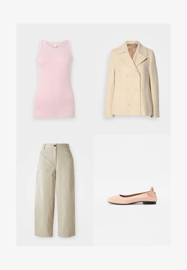 Cappotto in lana beige doppiopetto con rever a punta, cuciture in evidenza, tasche laterali e tessuto testurizzato. Interno foderato.; Top senza maniche rosa chiaro realizzato in un tessuto morbido e elasticizzato. Presenta un scollatura rotonda e spalline sottili, con una texture liscia e una forma aderente.; Pantaloni beige a vita alta, a gamba larga, con chiusura a bottone e zip, passanti per cintura e tasche laterali, presentati su uno sfondo bianco.; Ballere in rosa pallido realizzate in materiale liscio, con punta rotonda, retro flessibile e un piccolo tacco nero.
