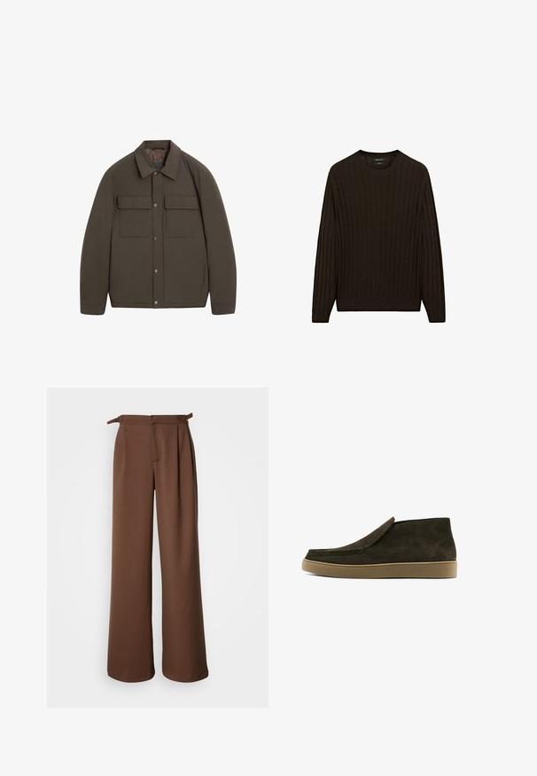 Hnědá prošívaná bunda s límcem, předními zapínáními na cvočky a dvěma náprsními kapsami. Hladký povrch a střih na míru.; Hnědý žebrovaný svetr s dlouhými rukávy a kulatým výstřihem. Má texturovanou látku a těsný střih v pase a na manžetách.; Široké kalhoty v hnědé barvě, vyrobené z měkké látky. Mají vysoký pas s sklady a bočními tkaničkami, což zajišťuje uvolněný střih a hladkou texturu.; Hnědé semišové nazouvací boty s hladkým povrchem, zaoblenou špičkou a světlou hnědou gumovou podrážkou. Svršek má jednoduchý, čistý design.