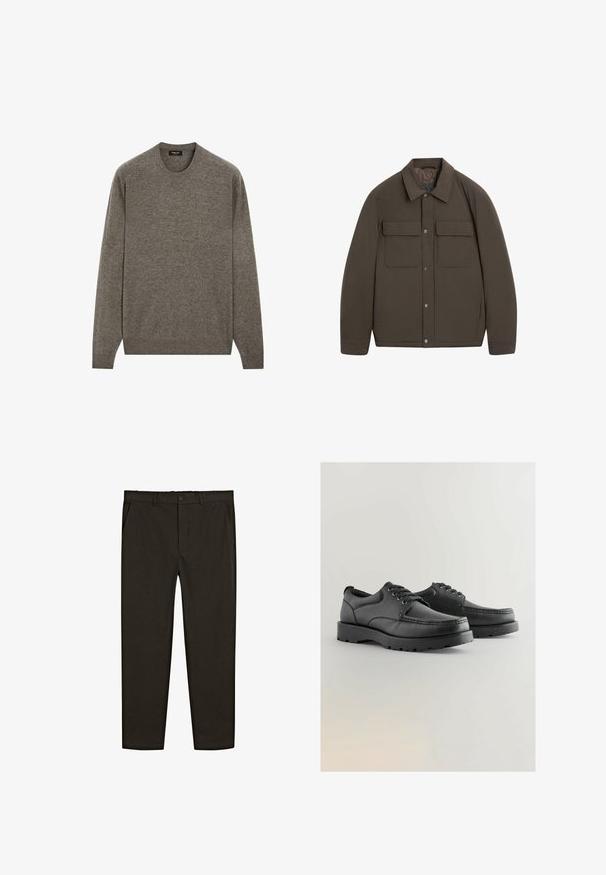 Braune gesteppte Jacke mit Hemdkragen, Druckknöpfen vorne und zwei Brusttaschen. Glatte Textur und taillierte Passform.; Brauner Strickpullover mit Rundhalsausschnitt und langen Ärmeln, gerippten Bündchen und Saum, weicher Textur und einem schlichten Design ohne Muster oder Verzierungen.; Dunkelbraune, gewebte Stoffhose mit geradem Bein, vorderen Taschen und einem Knopfverschluss an der Taille. Glatte Textur.; Schwarze Lederschuhe mit strukturiertem Obermaterial, runder Spitze, Schnürdesign und dicken Gummisohlen mit einem Profil.