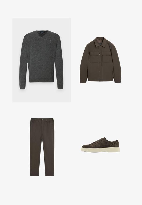 Brązowa, ocieplana kurtka z kołnierzem, z przodu zatrzaski, dwie kieszenie na piersiach. Gładka faktura i dopasowany krój.; Szary sweter w serek, wykonany z miękkiego materiału. Posiada ściągacze przy mankietach i u dołu, a na piersi znajduje się małe haftowane logo. Prosty design, klasyczny krój.; Brązowa bawełniana koszulka z okrągłym dekoltem i krótkimi rękawami. Prosty design, wyrównana faktura i luźny krój. Brak wzorów czy akcentów.; Ciemnobrązowe spodnie o prostych nogawkach, z elastycznym paskiem w talii, przednim zapięciem na guziki i bocznymi kieszeniami. Gładka tekstura tkaniny.; Brązowe zamszowe trampki o gładkiej fakturze, zaokrąglonym nosku, płaskiej gumowej podeszwie i prostym laced-up designie. Dyskretne przeszycia po bokach.