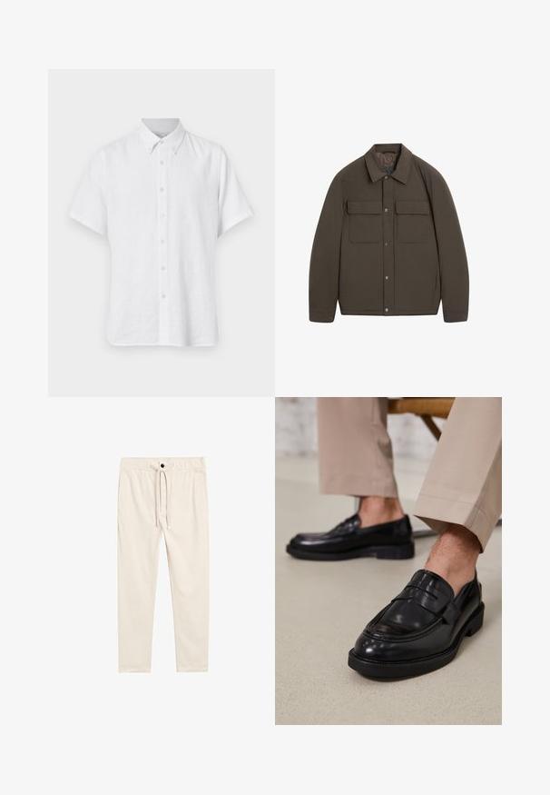 Brun polstret jakke med krave, trykknaplukning foran og to brystlommer. Glat tekstur og skræddersyet pasform.; Hvid kortærmet skjorte i et letvægts hørmateriale. Har en spids krave og syv knapper nedad foran. Simpelt design, ingen synlige mønstre.; Beige, lette bomuldsbukser med elastisk talje, forlommer og knaplukning, med en glat overflade.; Sorte lædermokkasiner med en glat overflade, der har en dekorativ rem og kontraststing, parret med beige bukser.