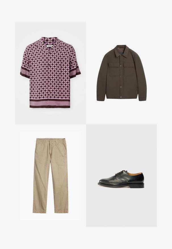 Bruine gewatteerde jas met een kraag, drukknoopsluiting aan de voorkant en twee borstzakken. Gladde textuur en een nauwsluitende pasvorm.; Korte mouw shirt met een bruin en roze geometrisch patroon, vervaardigd uit lichtgewicht stof met een kraag en knoopsluiting.; Beige rechte pijpen chinos met riemlussen, voorkant met knoop en rits sluiting, en schuine voorzakken.; Zwarte leren nette schoen met een gladde afwerking, ronde neus en minimale veters. Beschikt over een subtiel ontwerp en een lage, stevige rubberen zool.