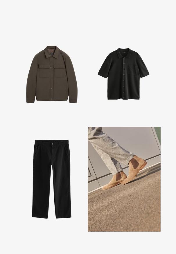 Bruine gewatteerde jas met een kraag, drukknoopsluiting aan de voorkant en twee borstzakken. Gladde textuur en een nauwsluitende pasvorm.; Zwarte polo met korte mouwen van gestructureerde stof, met een knoopsluiting aan de voorkant en een borstzak. De knopen zijn donker en glanzend.; Zwarte katoenen broek met een rechte pijpdesign, voorzien van een knoopsluiting aan de voorkant, schuine zijzakken en subtiele stikdetails.; Bruine suède Chelsea-boots met elastische zijpanelen en een gladde tan rubberen zool, gecombineerd met lichtgrijze broek op een gestructureerd oppervlak.