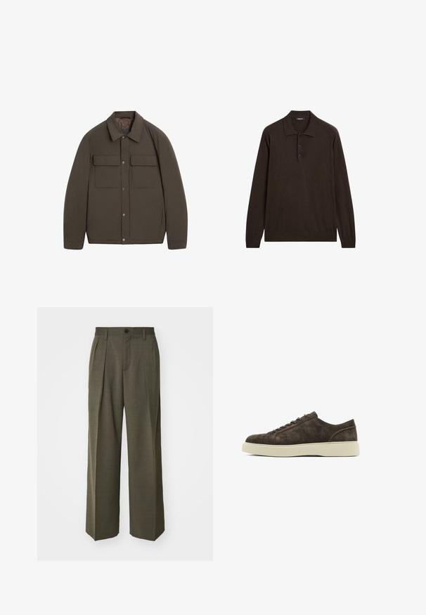 Bruine gewatteerde jas met een kraag, drukknoopsluiting aan de voorkant en twee borstzakken. Gladde textuur en een nauwsluitende pasvorm.; Donkerbruin poloshirt met lange mouwen, drie knopen en een klassieke kraag, weergegeven op een witte achtergrond.; Filippa K WIDE TROUSERS - Broek - driftwood; Bruine fluwelen sneakers met een gladde textuur, ronde neus, platte rubberen zool en een eenvoudig vetersluiting ontwerp. Subtiele stiksels aan de zijkanten.