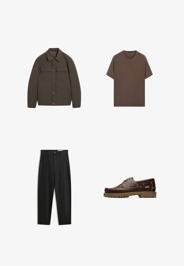 Braune gesteppte Jacke mit Hemdkragen, Druckknöpfen vorne und zwei Brusttaschen. Glatte Textur und taillierte Passform.; Braunes Baumwoll-T-Shirt mit Rundhalsausschnitt und kurzen Ärmeln. Einfaches Design mit gleichmäßiger Textur und lockerer Passform. Keine Muster oder Akzente.; Schwarze Baumwollhose mit lockerem Schnitt, ausgestattet mit einem klassischen Bund, vorderen Falten und Seiten taschen. Glatte Textur ohne Muster.; Braune Leder-Halbschuhe mit Schnürung und gestickten Details, mit dicker Gummisohle, von der Seite betrachtet.