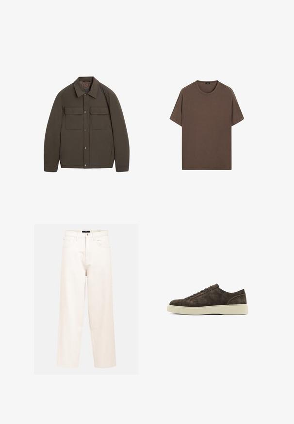 Braune gesteppte Jacke mit Hemdkragen, Druckknöpfen vorne und zwei Brusttaschen. Glatte Textur und taillierte Passform.; Braunes Baumwoll-T-Shirt mit Rundhalsausschnitt und kurzen Ärmeln. Einfaches Design mit gleichmäßiger Textur und lockerer Passform. Keine Muster oder Akzente.; Hellbeigeweite Jeans aus Baumwoll-Denim mit hoher Taille, Fünf-Taschen-Design und einem einzelnen Knopfverschluss vorne.; Braune Wildledersneaker mit glatter Textur, runder Zehenpartie, flacher Gummisohle und einfachem Schnürdesign. Dezente Nähte seitlich.