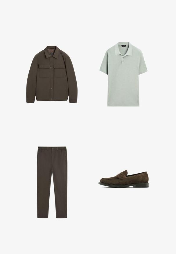 Veste matelassée marron avec un col à revers, des fermetures à pressions à l'avant et deux poches poitrine. Texture lisse et coupe ajustée.; Polo vert clair, manches courtes, tissu à texture douce, col avec trois boutons, design minimaliste, sans motifs visibles.; Pantalon marron foncé à coupe droite, taille élastique, fermeture avant par bouton et poches latérales. Texture de tissu lisse.; Mocassin en daim marron foncé avec un bout arrondi, des détails cousus et une semelle en caoutchouc plate. Il présente un accent classique de porte-monnaie.