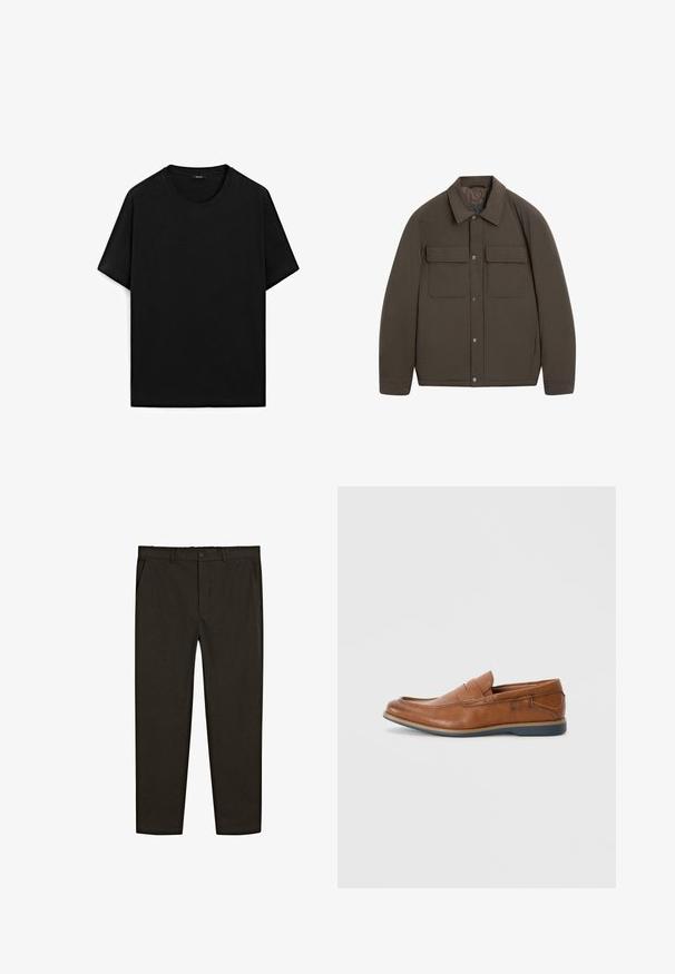 Giacca imbottita marrone con collo a risvolto, chiusure frontali a scatto e due tasche sul petto. Tessuto liscio e vestibilità sagomata.; T-shirt nera a manica corta in cotone con collo rotondo, caratterizzata da una texture liscia e un design semplice. Nessun marchio visibile.; Pantaloni in tessuto intrecciato marrone scuro con design a gamba dritta, tasche anteriori e chiusura con bottone in vita. Texture liscia.; Mocassini in pelle marrone con punta tondeggiante, dettagli cuciti e suola in gomma bassa. Il design presenta una banda sulla parte superiore.