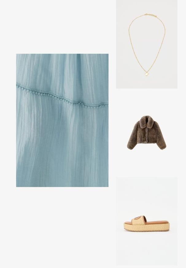 Brown faux fur cropped jacket with a wide collar, full sleeves, textured surface, and front closure. Soft and plush design details.; Light blue dress made of crinkled fabric, featuring a decorative lace trim along the hem. The texture is soft and airy.; Woven straw slide sandals with a tan faux leather strap and a platform sole, featuring a textured surface and a circular accent detail.; Brown faux fur handbag with a gathered design and drawstring closure. Soft texture, rounded shape, and minimalistic style.; Gold necklace featuring a fine chain with small, evenly spaced beads and a circular pendant. The pendant has a smooth, reflective surface.