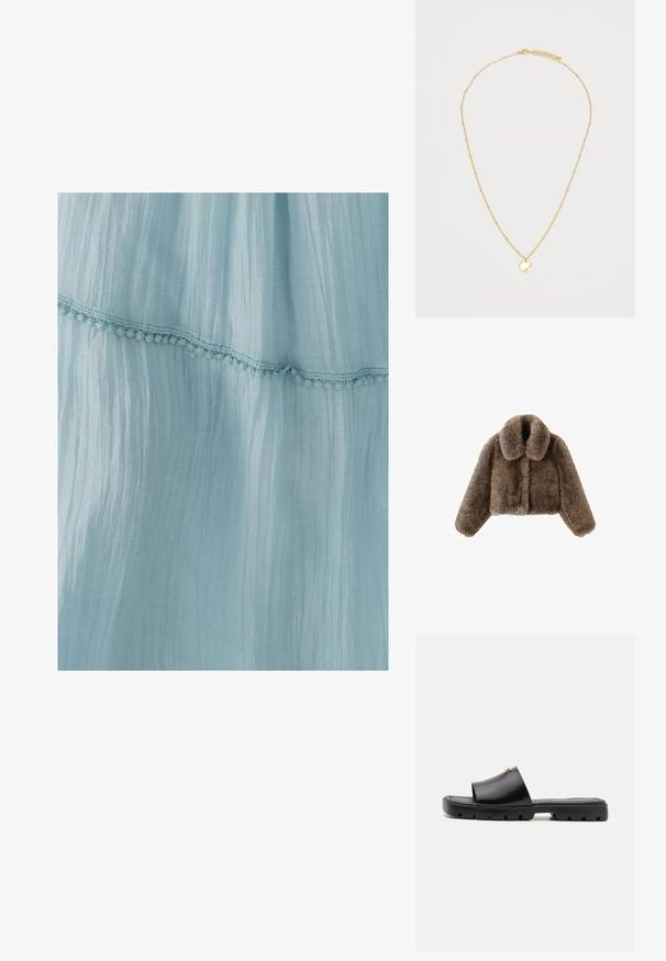 Hnedá umelá kožuchová skrátená bunda so širokým golierom, plnými rukávmi, štruktúrovaným povrchom a predným zapínaním. Mäkký a plyšový dizajn.; Svetlomodré šaty vyrobené z pokrčeného materiálu, s ozdobným čipkovaným lemom na spodnom okraji. Textúra je jemná a vzdušná.; Čierne mule s hladkým, matným koženým zvrškom a hrubou, textúrovanou gumovou podrážkou. Výrazný zlatý kovový detail na zvršku. Jednoduchý, otvorený dizajn.; Mäkká tmavohnedá taška z umelého kožušiny s zhromaždeným vrchom a čiernymi šnúrkami na každej strane.; Zlatý náhrdelník s jemným reťazcom, na ktorom sú malé, rovnomerne rozmiestnené korálky a okrúhly zavesený prívesok. Prívesok má hladký, lesklý povrch.