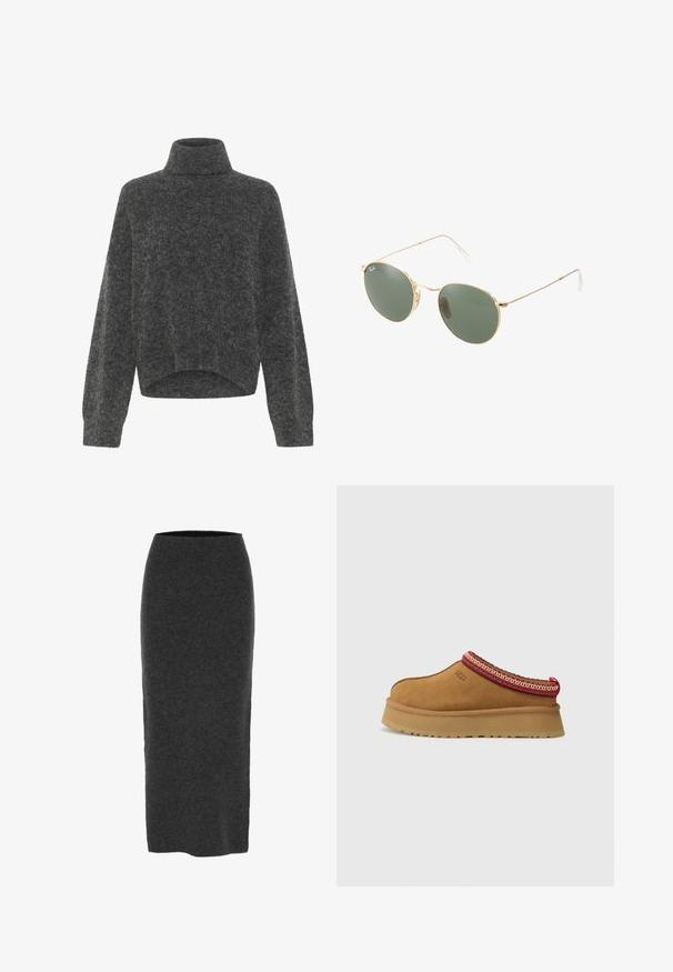 Veste courte en fausse fourrure marron avec un large col, des manches pleines, une surface texturée et une fermeture à l'avant. Détails de design doux et pelucheux.; Pull en col roulé gris foncé, flou, avec une coupe décontractée et des épaules tombantes. Texture douce et détail de l'ourlet raccourci. Pas de fermetures visibles.; Jupe crayon en tricot de couleur gris foncé, mi-longue, avec une coupe ajustée, texture lisse et taille élastique pour le confort.; Chaussure slip-on en daim marron avec un bord en rouge et crème à motifs, semelle texturée et logo UGG sur le côté. Présente une légère hauteur de plateforme.; Lunettes de soleil avec monture en métal doré, verres verts, forme ronde, branches fines et accents en plastique blanc aux extrémités des branches.; Sac à main en fausse fourrure marron avec un design froncé et une fermeture à cordon. Texture douce, forme arrondie et style minimaliste.