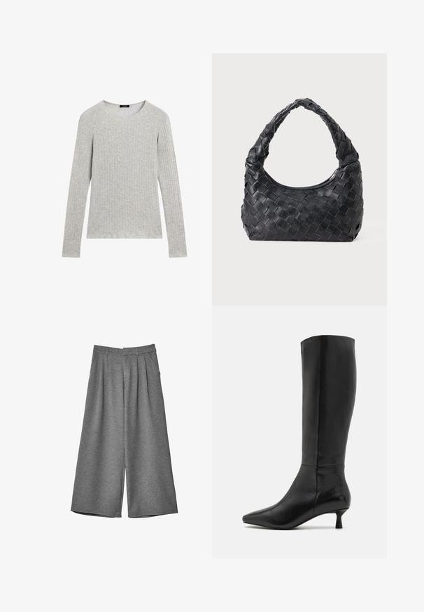 Veste courte en fausse fourrure marron avec un large col, des manches pleines, une surface texturée et une fermeture à l'avant. Détails de design doux et pelucheux.; Chemise grise à manches longues avec une texture côtelée et un col rond. Design simple avec des coutures régulières ; pas de motifs ni d'accents visibles.; Pantalons cropped larges gris avec passants de ceinture, poches latérales et plis à l'avant, fabriqués dans un tissu doux.; Zign Bottes - black; Sac en cuir noir tissé avec une poignée arrondie et un corps en forme de croissant sur un fond uni.