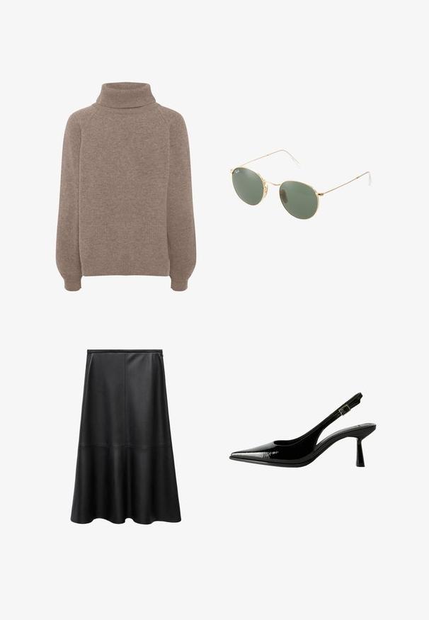 Braune Kunstpelz-Shortjacke mit breitem Kragen, vollem Ärmeln, strukturierten Oberflächen und Frontverschluss. Weiche und plüschige Designelemente.; Brauner Strickpullover mit hohem Rollkragen, Raglanärmeln und gerippten Bündchen. Weiche Textur mit einem lässigen Schnitt. Keine sichtbaren Muster oder Akzente.; Schwarzer Lederrock, A-Linien-Form, knielang, glatte Textur, Nahtdetails, ausgestellt gesäumt und unsichtbarer Reißverschluss hinten.; Schwarze Lackleder Slingback-Pumps mit spitzem Zeh, ausgeschnittenen Seiten, verstellbarem Knöchelriemen und einem dünnen, eleganten Absatz.; Sonnenbrille mit goldfarbenem Metallrahmen und grünen Gläsern, runder Form, dünnen Bügeln und weißen Kunststoffakzenten an den Enden der Bügel.; Braune Handtasche aus Kunstpelz mit gerafftem Design und Kordelzugverschluss. Weiche Textur, abgerundete Form und minimalistischer Stil.; Goldene Creolen mit strukturiertem Finish, die entlang der Kante mit einer Reihe kleiner klarer Kristalle verziert sind und einen Steckverschluss haben.