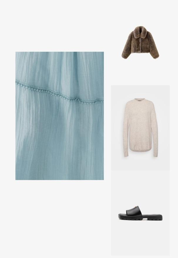 Brun fuskpäls kort jacka med bred krage, hela ärmar, texturerad yta och framknäppning. Mjuka och fluffiga design detaljer.; Ljus beige stickad tröja med rund hals, ribbad nederkant och långa ärmar. Tyget har ett mjukt, texturerat utseende.; Ljusblå klänning i krinklad tyg, med en dekorativ spetskant längs fållen. Texturen är mjuk och luftig.; Svarta mule-skor med en jämn, matt läderovandel och en tjock, texturerad gummisula. Märkbar guldfärgad detalj på ovandelen. Enkel, öppen design.; Mjuk mörkbrun fuskpälsväska med samlad topp och svarta dragsnören på varje sida.