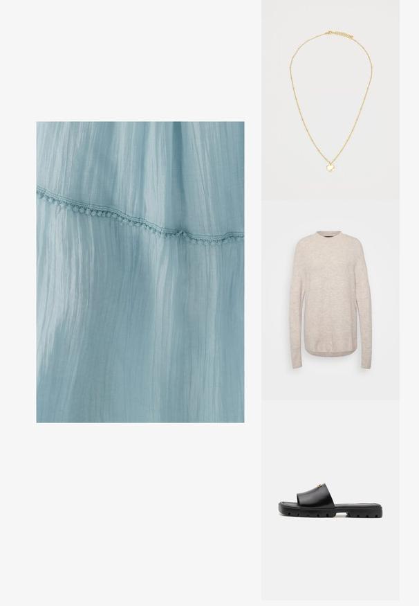 Brown faux fur cropped jacket with a wide collar, full sleeves, textured surface, and front closure. Soft and plush design details.; Light beige knitted sweater with a round neck, ribbed hem, and long sleeves. The fabric has a soft, textured appearance.; Light blue dress made of crinkled fabric, featuring a decorative lace trim along the hem. The texture is soft and airy.; Black mules with a smooth, matte leather upper and a thick, textured rubber sole. Notable gold hardware accent on the upper. Simple, open design.; Soft dark brown faux fur pouch bag with gathered top and black drawstring cords on each side.; Gold necklace featuring a fine chain with small, evenly spaced beads and a circular pendant. The pendant has a smooth, reflective surface.