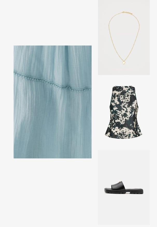 Brun fuskpäls kort jacka med bred krage, hela ärmar, texturerad yta och framknäppning. Mjuka och fluffiga design detaljer.; Gestuz CERI - Blus - green ox; Ljusblå klänning i krinklad tyg, med en dekorativ spetskant längs fållen. Texturen är mjuk och luftig.; Svarta mule-skor med en jämn, matt läderovandel och en tjock, texturerad gummisula. Märkbar guldfärgad detalj på ovandelen. Enkel, öppen design.; Mjuk mörkbrun fuskpälsväska med samlad topp och svarta dragsnören på varje sida.; Guldkedja med en fin kedja med små, jämnt fördelade pärlor och en rund berlock. Berlocken har en slät, reflekterande yta.