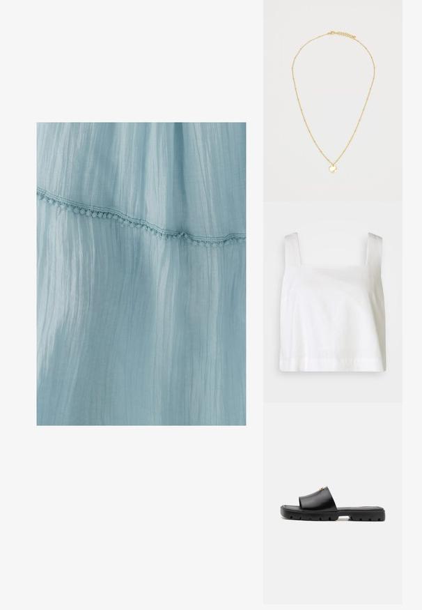 Chaqueta corta de piel sintética marrón con un amplio cuello, mangas largas, superficie texturizada y cierre frontal. Detalles de diseño suaves y esponjosos.; Top corto de lino blanco con escote cuadrado, tirantes anchos y un ajuste relajado, con una textura suave y dobladillo limpio.; Vestido azul claro hecho de tela arrugada, con un borde de encaje decorativo a lo largo del dobladillo. La textura es suave y ligera.; Mulas negras con un empeine de cuero mate y suave, y una suela gruesa y texturizada de goma. Acento notable de hardware dorado en el empeine. Diseño sencillo y abierto.; Bolso de pelo sintético de color marrón oscuro suave con parte superior fruncida y cuerdas de cierre negras a cada lado.; Collar de oro que presenta una fina cadena con pequeñas cuentas espaciadas uniformemente y un colgante circular. El colgante tiene una superficie lisa y reflectante.