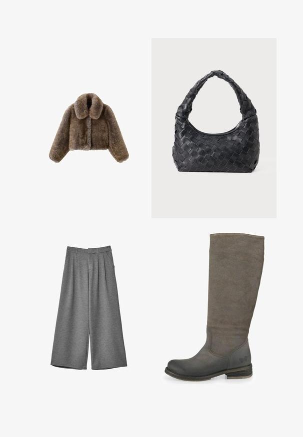 Braune Kunstpelz-Shortjacke mit breitem Kragen, vollem Ärmeln, strukturierten Oberflächen und Frontverschluss. Weiche und plüschige Designelemente.; Langarmshirt aus schwarzem, weichem Stoff, mit weitem Ausschnitt und leicht lockerer Passform, ohne sichtbare Muster oder Hardware-Details.; Graue weit geschnittene cropped Hosen mit Gürtelschlaufen, seitlichen Taschen und vorderen Falten, aus einem weichen Stoff gefertigt.; Knöchelhohe graue Wildlederstiefel mit rundem Zehenbereich, verstärktem Knöchel und niedrigem Blockabsatz. Verfügt über kontrastierende, glatte Lederakzente.; Schwarze Leder Schultertasche mit geflochtenem Tragegriff und halbrunder Form auf einem einfarbigen Hintergrund.