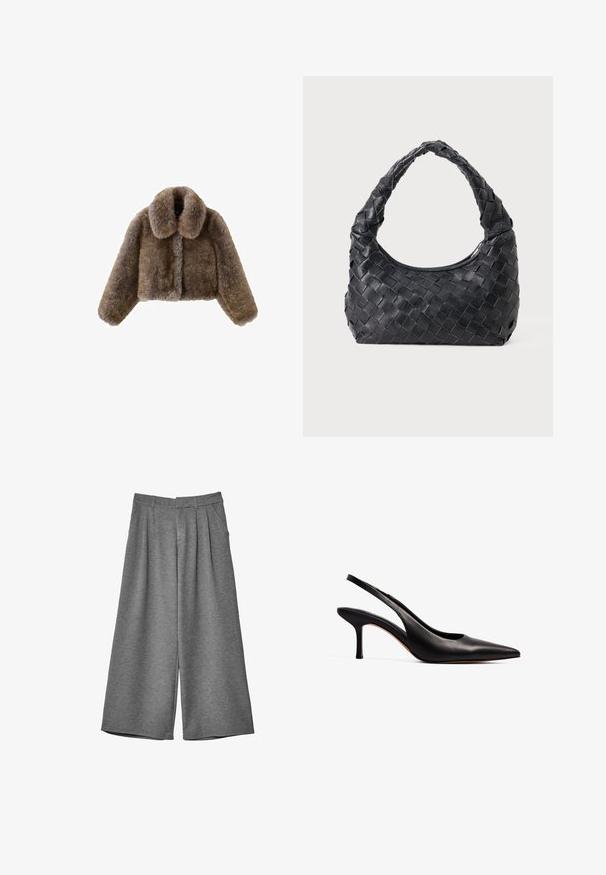 Braune Kunstpelz-Shortjacke mit breitem Kragen, vollem Ärmeln, strukturierten Oberflächen und Frontverschluss. Weiche und plüschige Designelemente.; Langarmshirt aus schwarzem, weichem Stoff, mit weitem Ausschnitt und leicht lockerer Passform, ohne sichtbare Muster oder Hardware-Details.; Graue weit geschnittene cropped Hosen mit Gürtelschlaufen, seitlichen Taschen und vorderen Falten, aus einem weichen Stoff gefertigt.; NA-KD Pumps - black; Schwarze Leder Schultertasche mit geflochtenem Tragegriff und halbrunder Form auf einem einfarbigen Hintergrund.