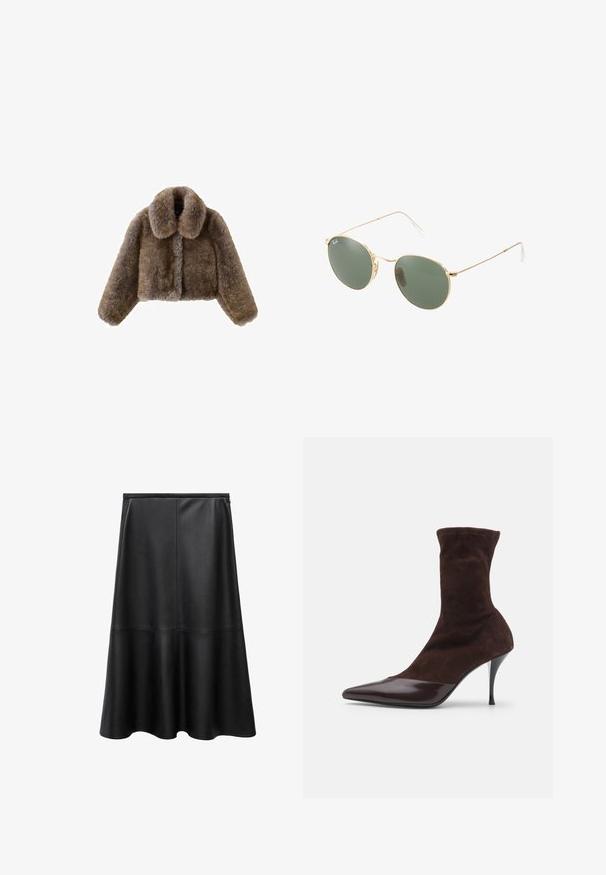 Brun fuskpäls kort jacka med bred krage, hela ärmar, texturerad yta och framknäppning. Mjuka och fluffiga design detaljer.; Brun långärmad topp med rundad halsringning, prydd med stora vita prickar och rynkdetalj vid midjan för en figursydd look.; Svart läderkjol, A-linjeformad, knälång, slät textur, sömdetaljer, utsvängd fåll och osynlig dragkedjestängning bak.; Brun mocka ankelskänga med spetsig tå och glansigt burgunder färgad patentläder tåhuvud, med en smal stilettklack och texturerad ovandel.; Guldmetallbågar solglasögon med gröna linser, rund form, tunna templer och vita plastdetaljer på ändarna av bågarna.; Brun handväska i fuskpäls med samlad design och dragsko. Mjuk textur, rundad form och minimalistisk stil.; Guld hoopörhängen med en strukturerad yta, prydda med en rad små klara kristaller längs kanten och en stiftfästning.