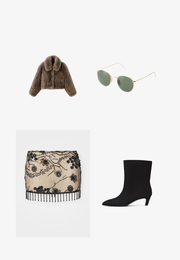 Veste courte en fausse fourrure marron avec un large col, des manches pleines, une surface texturée et une fermeture à l'avant. Détails de design doux et pelucheux.; Haut marron à manches longues avec un décolleté en scoop, arborant de grands pois blancs et un détail froncé à la taille pour un look ajusté.; Mini-jupe noire ornée d'appliqués floraux, de sequins et d'un ourlet à franges perles. Fabriquée à partir d'un matériau transparent avec des détails complexes.; Bottine noire avec une texture lisse et élégante, un bout pointu et un petit talon. Design sans coutures sans matériel ou motifs visibles.; Lunettes de soleil avec monture en métal doré, verres verts, forme ronde, branches fines et accents en plastique blanc aux extrémités des branches.; Sac à main en fausse fourrure marron avec un design froncé et une fermeture à cordon. Texture douce, forme arrondie et style minimaliste.; Boucles d'oreilles en or en forme de créole avec une finition texturée, ornées d'une rangée de petites cristaux transparents le long du bord et d'un fermoir à clou.