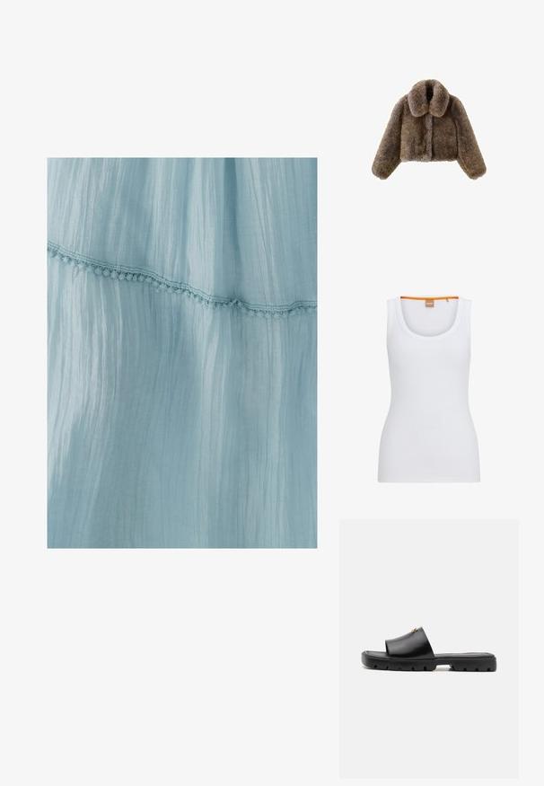 Hnedá umelá kožuchová skrátená bunda so širokým golierom, plnými rukávmi, štruktúrovaným povrchom a predným zapínaním. Mäkký a plyšový dizajn.; Biely rebrovaný tielko s okrúhlym výstrihom, ktoré má kontrastný oranžový akcent na vnútornom golieri a priliehavý strih.; Svetlomodré šaty vyrobené z pokrčeného materiálu, s ozdobným čipkovaným lemom na spodnom okraji. Textúra je jemná a vzdušná.; Čierne mule s hladkým, matným koženým zvrškom a hrubou, textúrovanou gumovou podrážkou. Výrazný zlatý kovový detail na zvršku. Jednoduchý, otvorený dizajn.; Mäkká tmavohnedá taška z umelého kožušiny s zhromaždeným vrchom a čiernymi šnúrkami na každej strane.