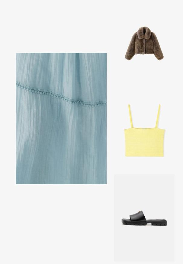 Giacca cropped in pelliccia sintetica marrone con un ampio colletto, maniche lunghe, superficie testurizzata e chiusura frontale. Dettagli di design morbidi e pelosi.; Top corto giallo con spalline sottili, tessuto testurizzato e scollatura dritta. Presenta una forma aderente e un orlo pulito.; Abito blu chiaro realizzato in tessuto plissettato, con un bordo decorativo in pizzo lungo l'orlo. La texture è morbida e leggera.; Mule nere con una tomaia in pelle liscia e opaca e una suola in gomma spessa e testurizzata. Accento in oro notevole sulla tomaia. Design semplice e aperto.; Borsa a pochette in morbido pelliccia sintetica marrone scuro con parte superiore arricciata e cordini neri da entrambi i lati.