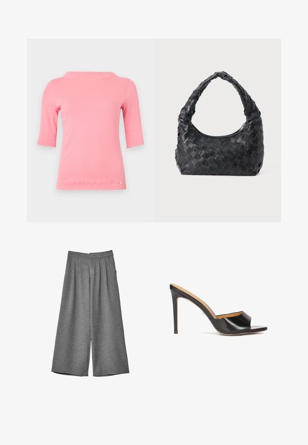 Giacca cropped in pelliccia sintetica marrone con un ampio colletto, maniche lunghe, superficie testurizzata e chiusura frontale. Dettagli di design morbidi e pelosi.; Top in cotone rosa con scollatura a barca, maniche a lunghezza gomito e orlo arrotondato. Presenta un piccolo logo decorativo vicino all'orlo.; Pantaloni cropped grigi a gamba larga con passanti per cintura, tasche laterali e pieghe frontali, realizzati in un tessuto morbido.; Mule con tacco aperto neri con finitura in pelle lucida, tacco a blocco affusolato e una striscia curva liscia che attraversa il dorso del piede.; Borsa a spalla intrecciata in pelle nera con manico rotondo e corpo a forma di mezzaluna su sfondo semplice.