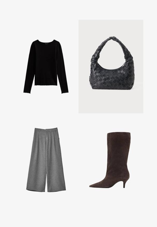 Bruine nepbont cropped jas met een brede kraag, volle mouwen, een gestructureerd oppervlak en een sluiting aan de voorkant. Zachte en pluche ontwerpelementen.; Zwarte lange mouwen top van rekbaar materiaal met een ronde hals en een scalloped zoom. Beschikt over aansluitende mouwen en een cropped silhouet.; Grijze wijde cropped broek met riemlussen, zijzakken en voorplooien, gemaakt van een zachte stof.; Bruine suède kniehoogte laars met een spitse neus en een mid-hoge hak, met een gladde textuur en een slank ontwerp.; Zwarte leren geweven schoudertas met een ronde handgreep en een maansvormig lichaam op een effen achtergrond.