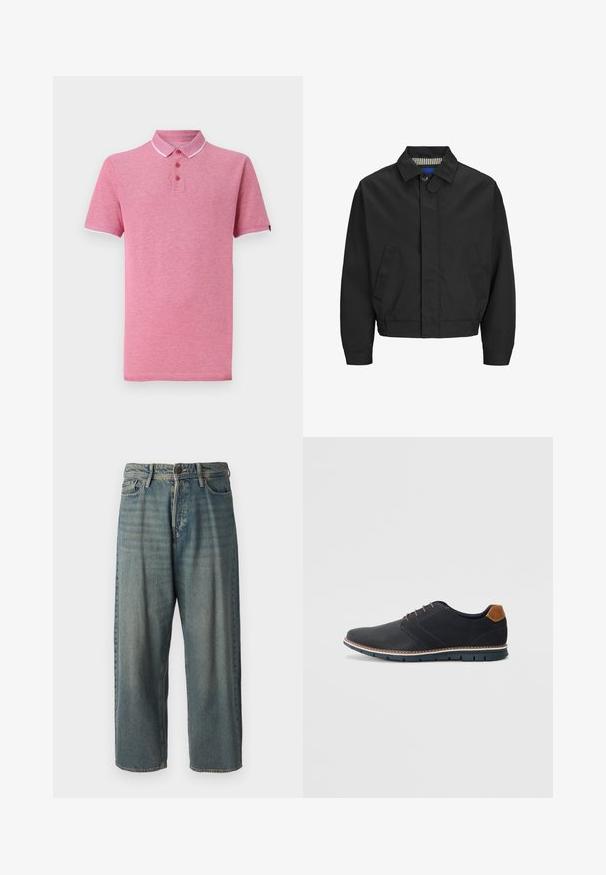 Čierna skrátená bunda s klasickým golierom, dvoma prednými vreckami a elastickým spodným lemom. Hladká textúra s uzáverom na gombík.; Ružový polo tričko s krátkymi rukávmi, rebrovaným golierom, zapínaním na tri gombíky a kontrastným bielym lemovaním na golieri a rukávoch.; Svetlomodré denimové nohavice so voľným strihom, stredne vysokým pásom a rovnými nohavicami. Obsahujú päť vreciek, pútka na opasok a zapínanie na gombík.; Čierne syntetické topánky so štruktúrovaným zvrškom, hladkými akcentmi, hnedým opätkom a kontrastnou podrážkou. Majú minimálne šnurovanie a detaily prešitia.