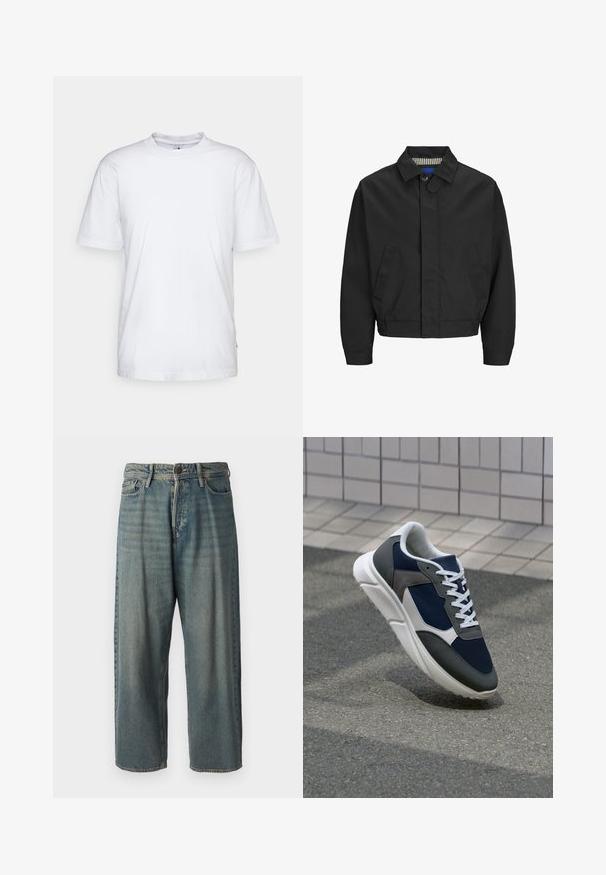 Jachetă neagră scurtă, cu guler clasic, două buzunare frontale și margine elastică. Textură netedă cu închidere cu nasture.; Tricou alb din bumbac, cu gât rotund, mâneci scurte și tiv drept. Prezintă o etichetă mică a brandului pe cusătura din partea stângă.; Jeans din denim bleu deschis, cu o croială lejeră, talie medie și picioare drepte. Au cinci buzunare, bucle pentru curea și închidere cu nasture.; Adidași cu un uppers din plasă albastră închisă, accente din suede gri, talpă din cauciuc alb și șireturi plate albe, concepuți pentru confort și respirabilitate.