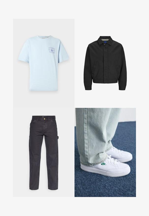 Must musteljak, millel on klassikaline krae, kaks esist pockets ja elastne äär. Sile tekstuur ja nööbiga kinnistus.; Hele sinine lühikeste varrukatega T-särk, mille rinnal on väike lilla "ONLY & SONS NOODLES" graafika koos nuudlitaldrikuga.; Tumehallid cargo-püksid, mis on valmistatud vastupidavast kangast, sirge lõikega, viie tasku ja nupuga kinnitusega vööl.; Valged nahast tennisetossud rohelise Nike logo ja ümarate varvastega, lamedate taldadega, koos helesiniste teksapükstega, esitatud sinisel vaibal.