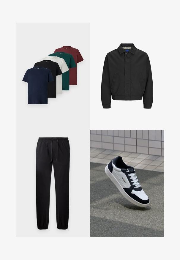 Giacca nera corta con colletto classico, due tasche frontali e orlo elasticizzato. Texture liscia con chiusura a bottone.; Cinque T-shirt a maniche corte, con collo rotondo, in navy, nero, bianco, verde scuro e bordeaux, disposte in un layout sovrapposto sfalsato.; Pantaloni jogger neri con vita elastica e cordoncino regolabile. Fondo affusolato e tessuto liscio. Senza tasche visibili né motivi.; Sneaker in pelle bianca e blu navy con suola testurizzata, design con lacci e etichetta con marchio. Presenta un'area della punta perforata e un collare imbottito.