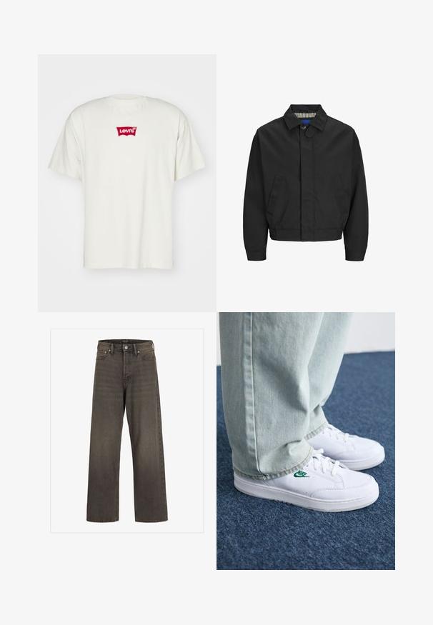 Juodas trumpas švarkas su klasikiniu apykakle, dviem priekinėmis kišenėmis ir guma susitraukiančiu apdailu. Lygi tekstūra su mygtukų uždarymu.; Balta medvilninė marškinėliai su raudonu išsiuvinėtu Levi's logotipu klasikiniu kreivuoju ženklo pavidalu priekyje. Trumpi rankoviai ir apvalus kaklas.; Plati kojinės džinsai tamsiai pilkos spalvos džinsinio audinio, su aukštu liemeniu, klasikinio penkių kišenių dizainu ir kontrastinga siuvimo linija siūlėse.; Balti odiniai sportbačiai su žaliu Nike logotipu, apvalia nosimi, plokščiu padu, derinami su šviesiai mėlynomis džinsinėmis kelnėmis, rodomi ant mėlynos kiliminės dangos.