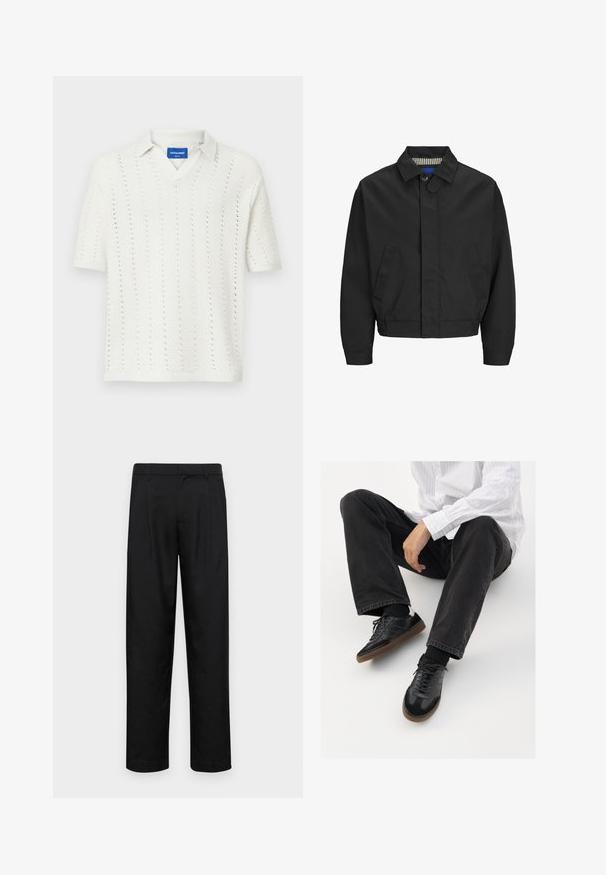 Sort cropped jakke med klassisk krave, to forlommer og elastisk kant. Glat tekstur med knaplukning.; Hvid strikket polo shirt med korte ærmer og V-hals, med vertikale mønstre og ribbet kant. Etiket synlig ved kraven.; Sorte bukser lavet af glat stof, med et lige ben-design, to frontfolder og en standard talje med bæltestropper.; Sorte sneakers med en glat og tekstureret overdel, der har en gummisål og mørke snørebånd. Bæret sammen med sorte jeans og en hvid stribet skjorte.