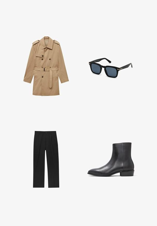 Cappotto trench beige con design doppiopetto, con spalline sulle spalle, vita cinturata e due tasche frontali. Realizzato in tessuto morbido.; CASH-MERE V-AUSSCHNITT - Maglione - grey; Pantaloni neri con un design a gamba dritta, realizzati in un tessuto liscio. Presentano pieghe frontali e una chiusura a un bottone in vita.; ALDO PILLOWWALK+FLEX INSIDE ZIP AMUR - Stivaletti - open black; Occhiali da sole neri a forma quadrata con lenti scure, finitura opaca e dettagli in metallo dorato sulle tempie, caratterizzati da un design minimalista.