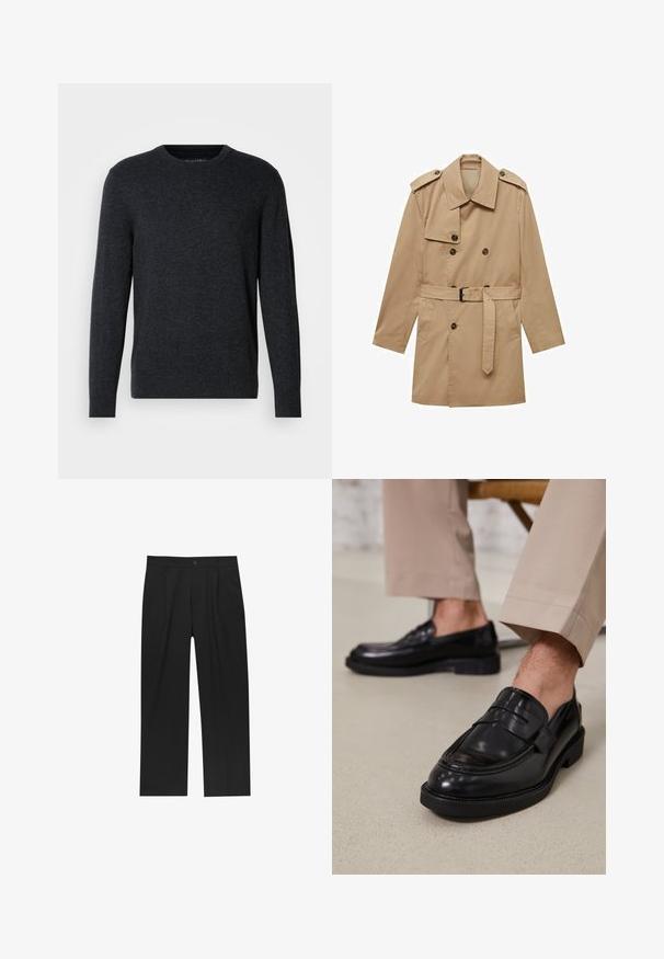 Beige Trenchcoat mit doppelt geknöpftem Design, Schulterklappen, tailliertem Gürtel und zwei Fronttaschen. Hergestellt aus glattem Stoff.; Dunkelgrauer Strickpullover mit langen Ärmeln, Rundhalsausschnitt, gerippten Bündchen und Saum. Glatte Textur mit subtilen Farbnuancen. Keine ausgeprägten Muster.; Schwarze Hose mit geradem Schnitt, aus einem glatten Stoff gefertigt. Verfügt über Vorderfalten und einen einzelnen Knopfverschluss an der Taille.; Schwarze Lederloafers mit glatter Oberfläche, ausgestattet mit einem dekorativen Riemen und Kontrastnähten, kombiniert mit beigen Hosen.