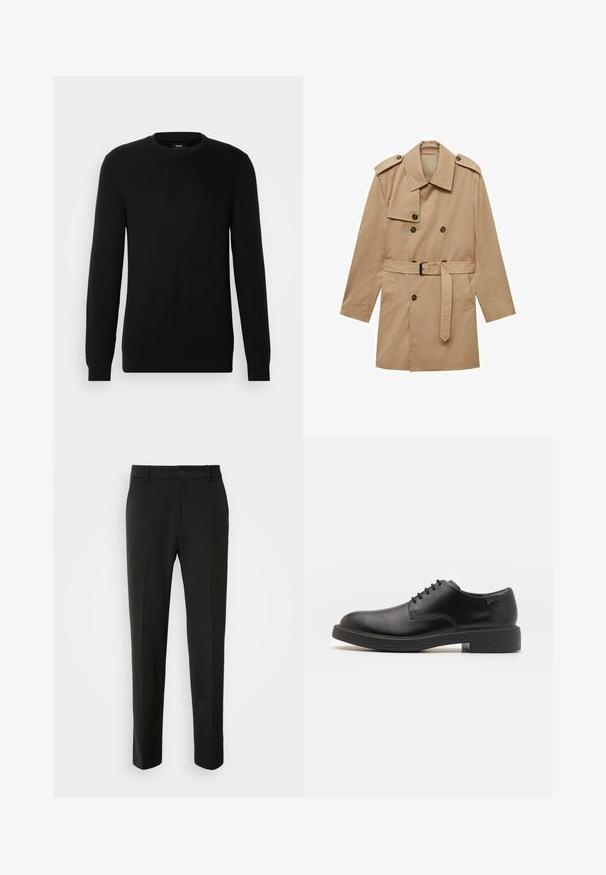 Bež plašč s dvojno zadrgo, epauleti na ramenskem delu, pasom in dvema sprednjima žepoma. Narejen iz gladkega blaga.; Črna pletiva s prejo z rebrastim vzorcem, okroglim izrezom in dolgimi rokavi. Material je videti mehak z teksturiranim zaključkom, primeren za sproščeno nošenje.; Črne hlače iz gladkega materiala, s straight nogavicami, z gumbom za zapiranje in klasičnim dizajnom, primerne za formalne ali sproščene priložnosti.; Črne usnjene čipkaste čevlje z zaobljenim nosom, gladko teksturo, minimalnim šitjem in nizkim gumijastim peto. Logo na peti.
