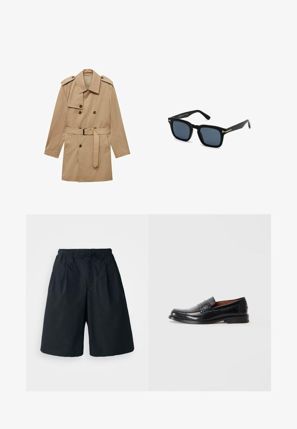 Beige Trenchcoat mit doppelt geknöpftem Design, Schulterklappen, tailliertem Gürtel und zwei Fronttaschen. Hergestellt aus glattem Stoff.; Mos Mosh Gallery Hemd - light blue; Schwarze Shorts mit elastischem Bund und verstellbarem Kordelzug. Aus einem glatten Stoff gefertigt, mit lockerer Passform und ohne sichtbare Muster.; Schwarzer Lederloafer mit runder Zehenform, hervorgehobenem Steppdetail auf dem Spann und niedrigem, gestapeltem Absatz. Glatte Textur und formelles Design.; Schwarze quadratische Sonnenbrillen mit dunklen Gläsern, mattem Finish und goldenen Metallakzenten an den Bügeln, die ein minimalistisches Design aufweisen.; Schwarze Ledertasche mit eingeprägten Buchstaben auf der Oberfläche, ausgestattet mit zwei stabilen Griffen und einem großzügigen, unstrukturierten Design.