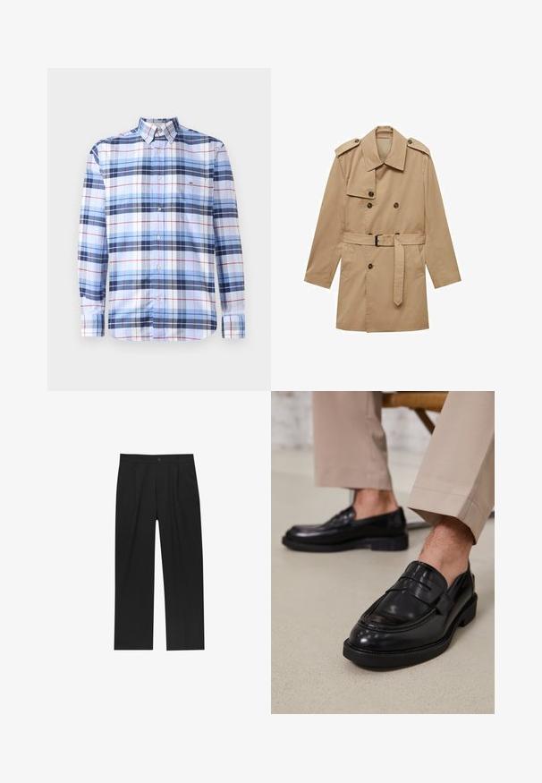 Cappotto trench beige con design doppiopetto, con spalline sulle spalle, vita cinturata e due tasche frontali. Realizzato in tessuto morbido.; Camicia a maniche lunghe, con bottoni, in tartan blu e bianco con accenti rossi. Realizzata in un tessuto intrecciato, presenta un colletto classico e dettagli con tasca.; Pantaloni neri con un design a gamba dritta, realizzati in un tessuto liscio. Presentano pieghe frontali e una chiusura a un bottone in vita.; Mocassini in pelle nera con finitura liscia, dotati di una cintura decorativa e cuciture a contrasto, abbinati a pantaloni beige.