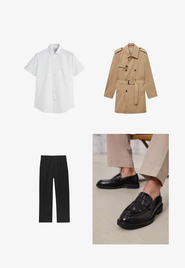 Beige trenchcoat med dobbeltradet design, skulderklapper, bælte i taljen og to forlommer. Lavet af glat stof.; Kortærmet hvid skjorte lavet af bomuldsblanding, med spids krave, syv knapper og en brystlomme. Glat tekstur med en klassisk pasform.; Sorte bukser med lige ben, lavet af et glat stof. Har frontfolder og en enkelt knaplukning i taljen.; Sorte lædermokkasiner med en glat overflade, der har en dekorativ rem og kontraststing, parret med beige bukser.