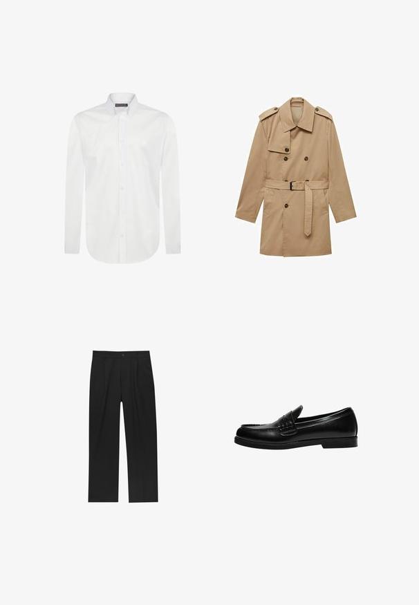 Beige trenchcoat med dobbeltradet design, skulderklapper, bælte i taljen og to forlommer. Lavet af glat stof.; Hvid langærmet skjorte lavet af glat bomuld med krave med knapper, frontlukning og et lille broderet logo på brystet.; Sorte bukser med lige ben, lavet af et glat stof. Har frontfolder og en enkelt knaplukning i taljen.; Sorte læder loafers med en glat overflade, der har en syning detalje på vampen og en lav, solid sort gummisål.