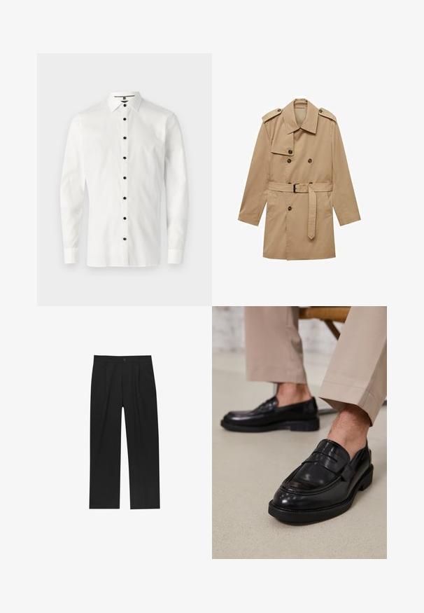 Bež plašč s dvojno zadrgo, epauleti na ramenskem delu, pasom in dvema sprednjima žepoma. Narejen iz gladkega blaga.; Bela majica z dolgimi rokavi iz gladkega materiala, ki ima ovratnik z gumbi in šestimi črnimi gumbi spredaj.; Črne hlače z ravnim krojem, narejene iz gladkega materiala. Imajo sprednje gube in enojno zaponko na pasu.; Črne usnjene loafer čevlje z gladko površino, ki imajo okrasno zaponko in kontrastno šivanje, v kombinaciji s bež hlačami.