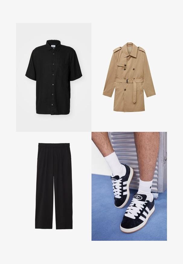 Bež plašč s dvojno zadrgo, epauleti na ramenskem delu, pasom in dvema sprednjima žepoma. Narejen iz gladkega blaga.; Weekday RELAXED SHORT SLEEVE SHIRT - Srajca - black; Bela bombažna majica s kratkimi rokavi, okroglim izrezom, sproščenim krojem in brez vidnih logotipov ali vzorcev. Gladka tekstura in minimalen dizajn.; Črne široke hlače z nabranim sprednjim delom, stranskimi žepi in gladko teksturo tkanine. Oblikovane za sproščen kroj.; Črne semiš teniske z belimi vezalkami in tremi belimi črtami. Imajo okroglo črno oznako na jezičku in gumijast podplat.