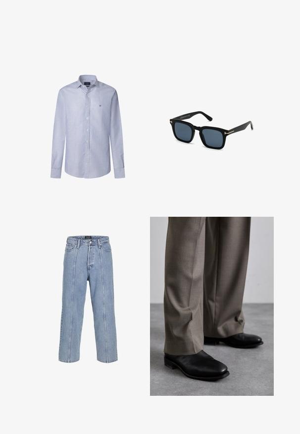 Beżowy płaszcz o podwójnym zapięciu, z naramiennikami, paskiem w talii i dwiema kieszeniami z przodu. Wykonany z gładkiego materiału.; Pasiasta koszula z długim rękawem w jasnoniebieskim i białym kolorze, wykonana z bawełny, z kołnierzykiem typu button-down i małym haftowanym logo na klatce piersiowej.; Jasnoniebieskie dżinsy o luźnym kroju, szerokich nogawkach i widocznych detalach szwów. Posiadają zapięcie na guzik i zamek błyskawiczny oraz pięć kieszeni.; Czarne skórzane buty o spiczastym czubku, w połączeniu z szarymi, dopasowanymi spodniami. Buty mają niski obcas i gładką teksturę.; Czarne kwadratowe okulary przeciwsłoneczne z ciemnymi soczewkami, matowym wykończeniem i złotymi metalowymi akcentami na zausznikach, charakteryzujące się minimalistycznym designem.
