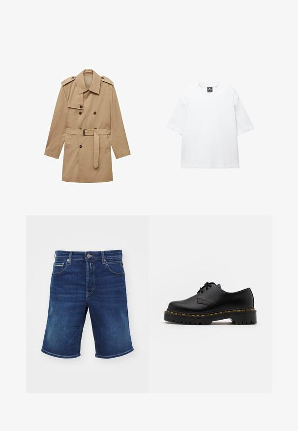 Bež plašč s dvojno zadrgo, epauleti na ramenskem delu, pasom in dvema sprednjima žepoma. Narejen iz gladkega blaga.; Bela majica s kratkimi rokavi iz bombaža, z okroglo ovratnikom in sproščenim krojem ter ravnim robom. Brez vzorcev ali okrasnih elementov.; Jeans kratke hlače v temno modri barvi, z gumbom za zapiranje, petimi žepi in ravnim krojem. Srednje težka tkanina s rahlim bledenjem.; Črne usnjene čevlje z vezalkami in zaobljenim nosom, z gumijastim podplatom in rumenim šivom okoli osnove. Ravna zasnova in gladka površina.