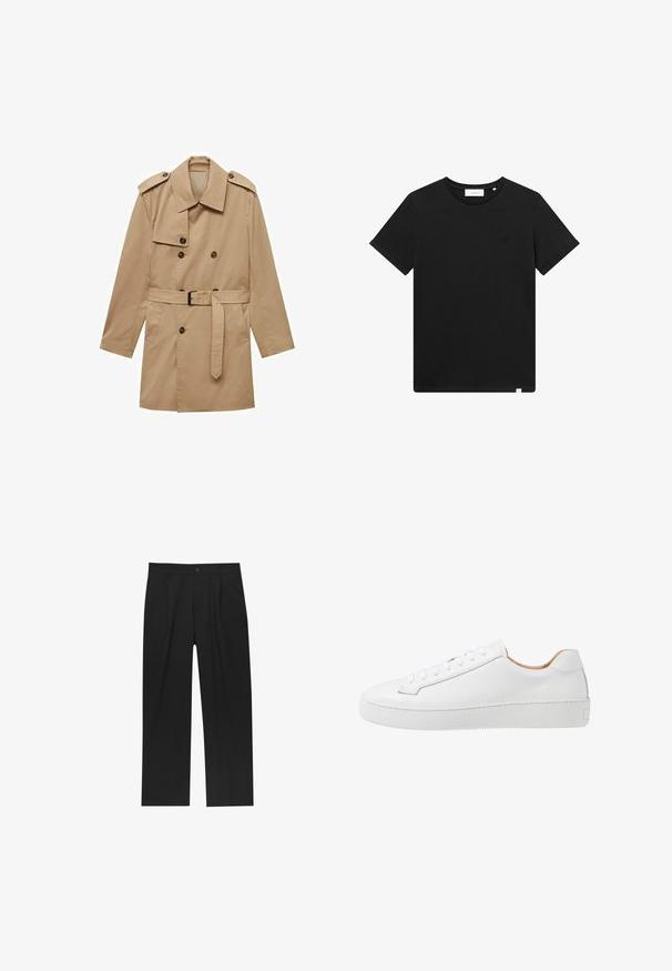 Beige trenchcoat med dobbeltradet design, skulderklapper, bælte i taljen og to forlommer. Lavet af glat stof.; Sort kortærmet T-shirt lavet af bomuld, med rund hals og et lille logo broderet på brystet. Glat tekstur, standard pasform.; Sorte bukser med lige ben, lavet af et glat stof. Har frontfolder og en enkelt knaplukning i taljen.; Hvide lædersneakers med en glat overflade, afrundet tå, flad snørebåndsdesign og en tyk gummisål med et struktureret grebmønster.