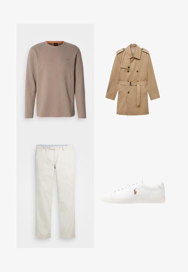Beżowy płaszcz o podwójnym zapięciu, z naramiennikami, paskiem w talii i dwiema kieszeniami z przodu. Wykonany z gładkiego materiału.; Beżowa koszula z długim rękawem uszyta z prążkowanej tkaniny. Posiada okrągły dekolt oraz małe haftowane logo po lewej stronie na piersi. Wykończona pomarańczowym kolorem wewnątrz kołnierza.; Biała koszula z długim rękawem, zapinana na guziki, wykonana z bawełny. Posiada kołnierz typu spread, zapięcie na guziki oraz małe haftowane logo na piersi.; Beżowe bawełniane chinosy z płaskim przodem, szlufkami na pasek i bocznymi kieszeniami. Prosty krój z gładką fakturą i lekkim, przewiewnym uczuciem.; Białe skórzane sneakersy, niskoprofilowy design, charakteryzujące się gładką fakturą, okrągłym noskiem, sznurowanym przodem i małym haftowanym logo z boku.