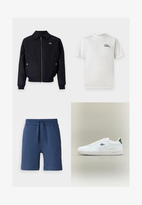 Jūras spēku zilas krāsas zip-up jaka ar apkakles kakla izgriezumu, ribotām aprocēm, sānu kabatām un mazu zaļu logo kreisajā krūtīs. Strukturēts audums.; Balts kokvilnas T-krekls ar apaļu kakla izgriezumu, īsām piedurknēm un mazu izšūtu logo ar kalniem un tekstu kreisajā krūtīs.; Tums zila kokvilnas šorti ar elastīgu jostasvietu, auklu un sānu kabatām. Izceļas ar mazu logotipa uzplecu kreisajā pusē.; Baltas ādas sneakers ar gludu apdari, zaļiem akcentiem uz papēža un zaļu logotipu sānos. Iezīmē platu zoli un apaļu pirkstu.